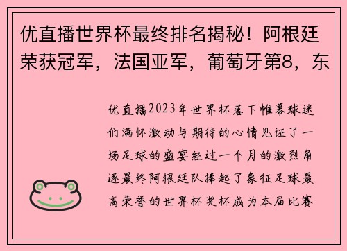 优直播世界杯最终排名揭秘！阿根廷荣获冠军，法国亚军，葡萄牙第8，东道主垫底 - 副本