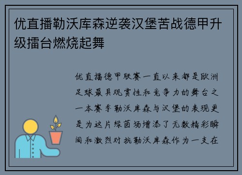 优直播勒沃库森逆袭汉堡苦战德甲升级擂台燃烧起舞